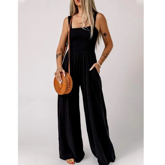 . Pants - Black Casual Womens Solid Slant Pocket Cami Wide Leg Jumpsuit